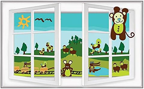 Alonline Art - בעלי חיים בשדה לילדים על ידי חלון תלת מימד מזויף | הדפס על מדבקות קיר מדבקות ויניל | 31 x20 -